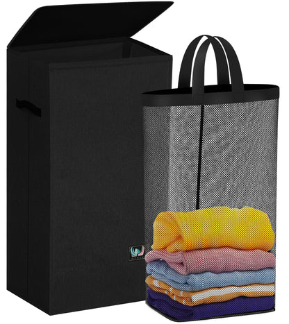 WTREE Laundry Hamper with Lid, Reinforced Sturdy Clothes Hamper with Anti-Puncture Base, Large Collapsible Laundry Basket with Removable Liner Bag, Tall Dirty Clothes Bin for Family, 100L Grey
