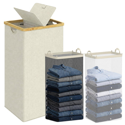 efluky Double Laundry Hamper with Lid and 2 Removable Bags, Beige