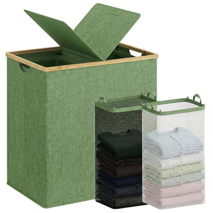 efluky Double Laundry Hamper with Lid and 2 Removable Bags, Beige