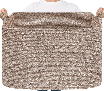 Goodpick Large Woven Rope Blanket Basket, Rectangle, Black, 75L