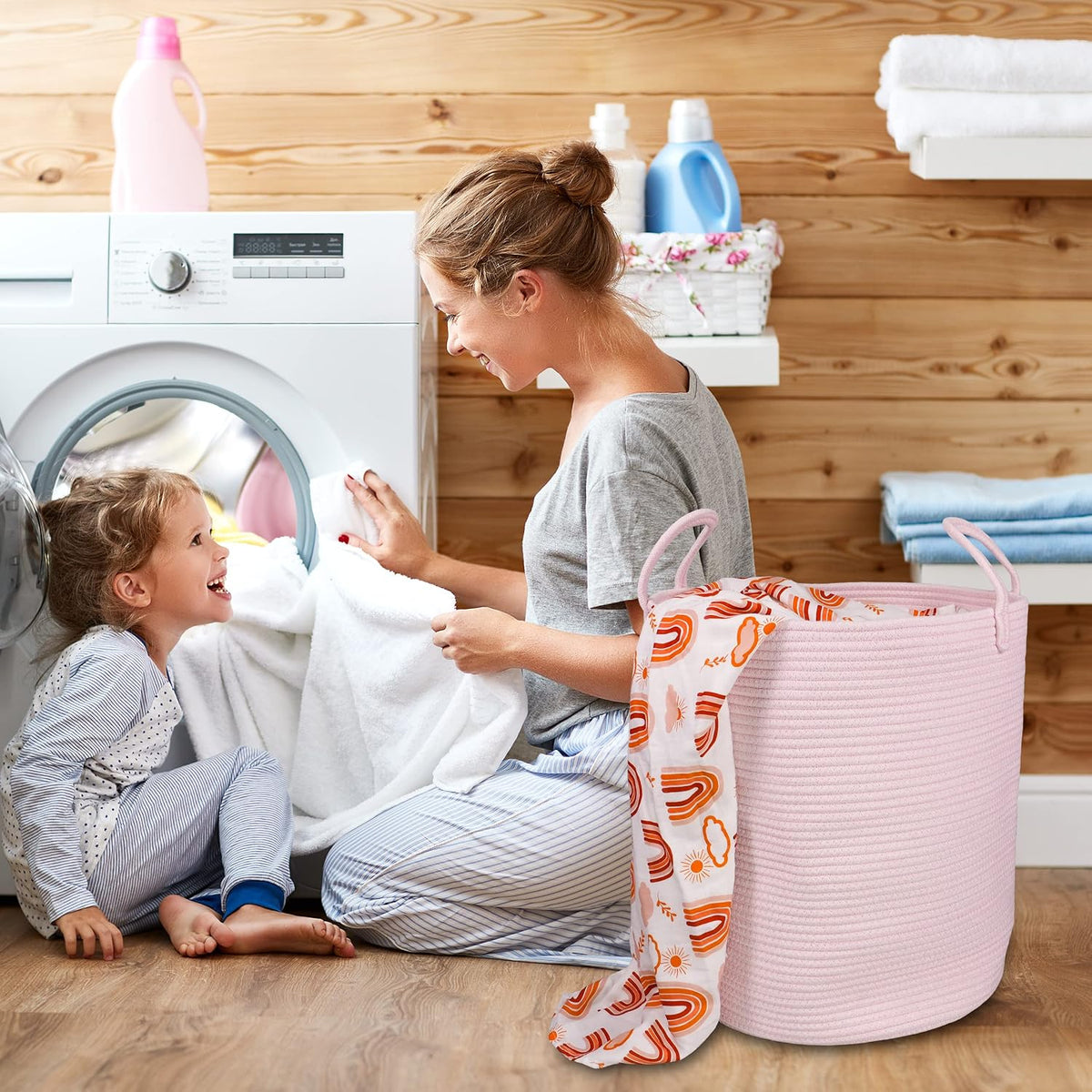 XUANGUO Cotton Rope Laundry Basket Hamper for Girls Kids Baby Nursery Pink