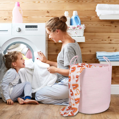 XUANGUO Cotton Rope Laundry Basket Hamper for Girls Kids Baby Nursery Pink