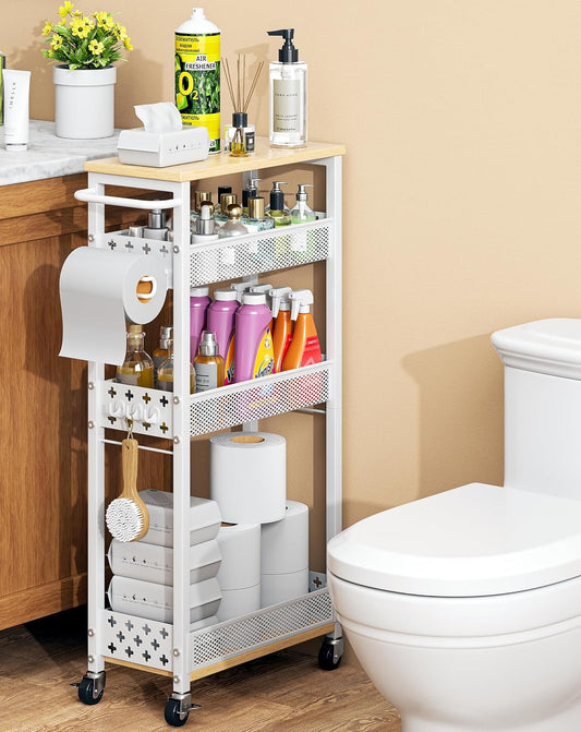 OKZEST Slim Bathroom Organizers and Storage Cart with Toilet Paper Holder