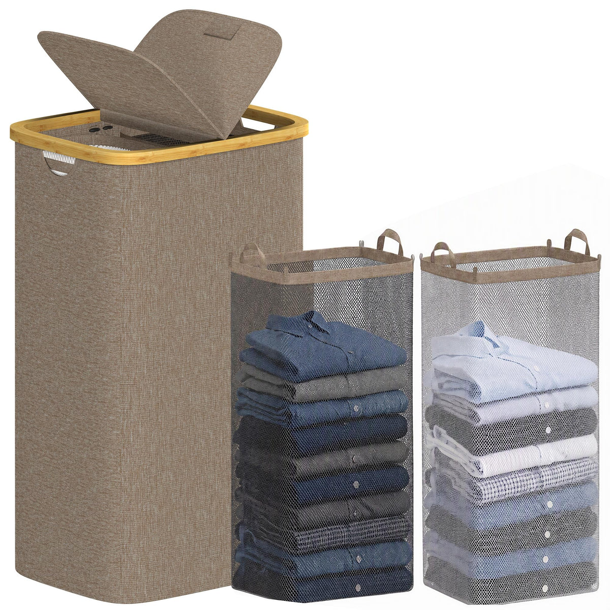 efluky Double Laundry Hamper with Lid and 2 Removable Bags, Beige