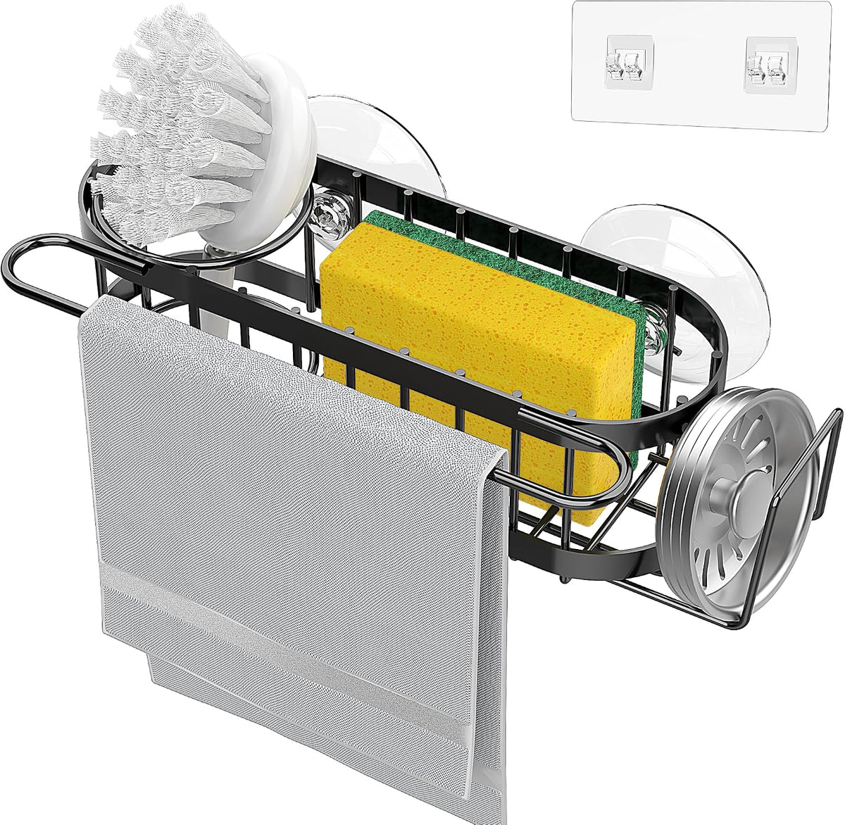 Cisily Kitchen Sponge Holder for Kitchen Sink with 2 Suction Cups/1 Adhesive Strips, Stainless Steel Kitchen Caddy Sink Organizer, Brush Holder, Dish Cloth Hanger, Sink Stopper Holder (Black)