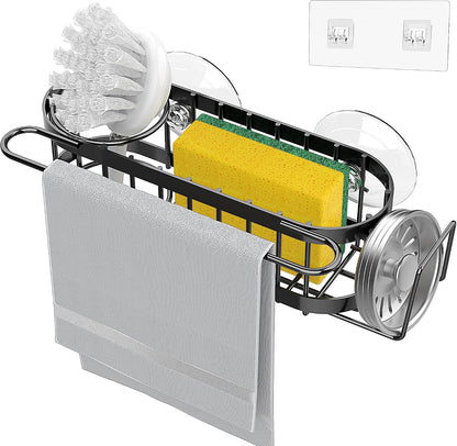 Cisily Kitchen Sponge Holder for Kitchen Sink with 2 Suction Cups/1 Adhesive Strips, Stainless Steel Kitchen Caddy Sink Organizer, Brush Holder, Dish Cloth Hanger, Sink Stopper Holder (Black)