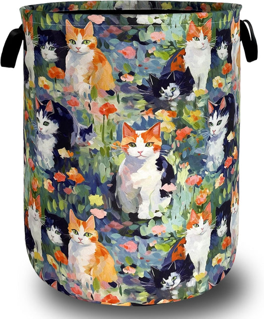 Watercolor Cats Laundry Hamper Oxford Cloth Basket 18.9"x16.5"