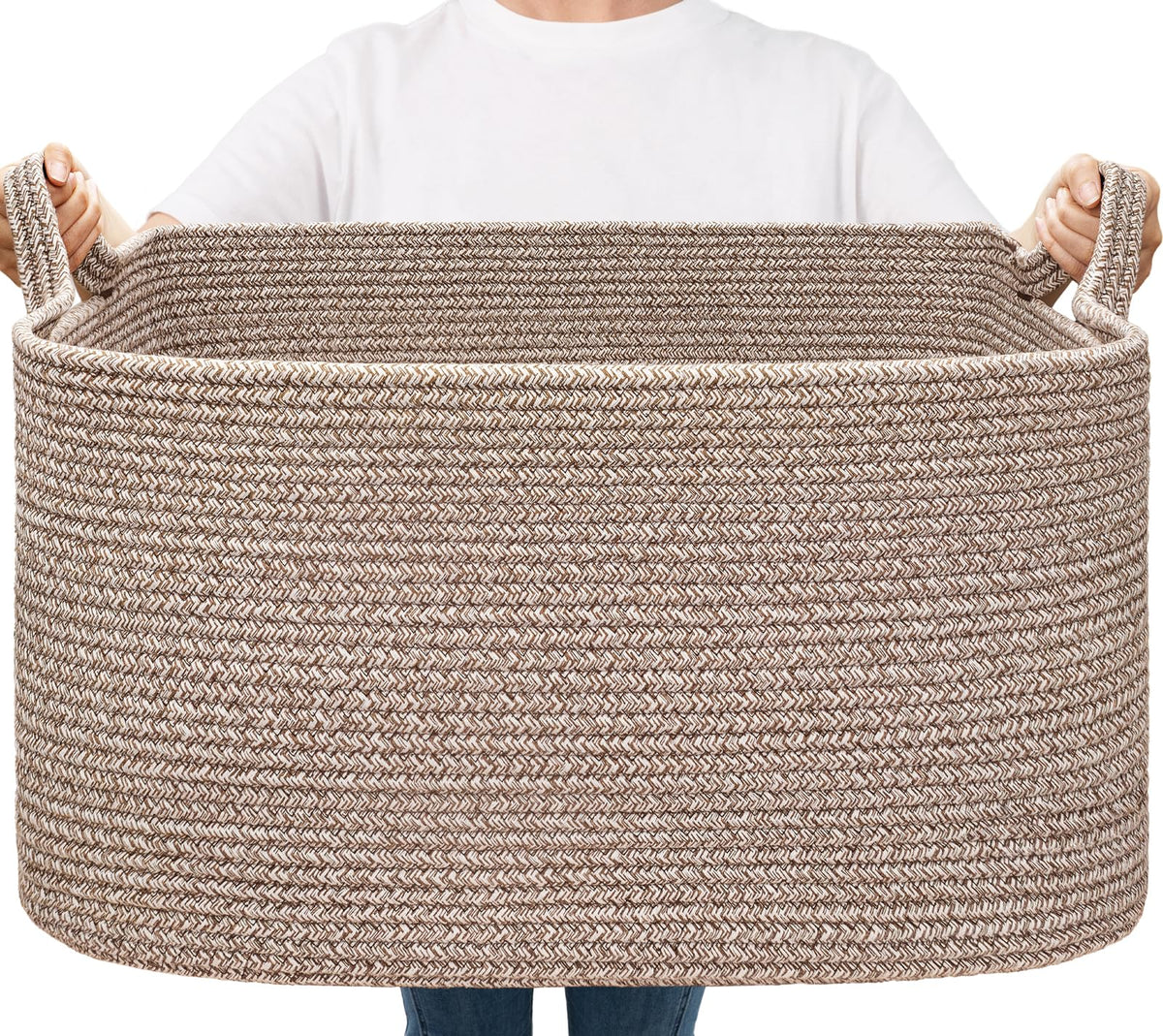 Goodpick Large Woven Rope Blanket Basket, Rectangle, Black, 75L