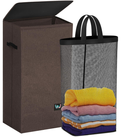 WTREE Laundry Hamper with Lid, Reinforced Sturdy Clothes Hamper with Anti-Puncture Base, Large Collapsible Laundry Basket with Removable Liner Bag, Tall Dirty Clothes Bin for Family, 100L Grey