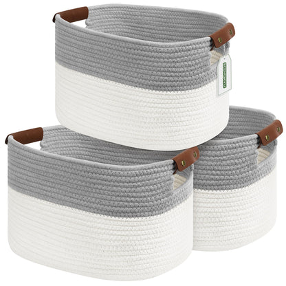 ECDYQXVU 15x10x9 Woven Cotton Rope Storage Basket, Leather Handles 1 Pack
