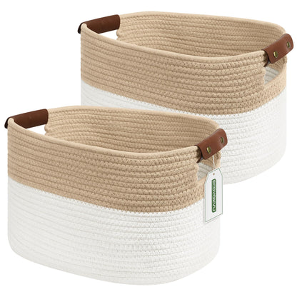 ECDYQXVU 15x10x9 Woven Cotton Rope Storage Basket, Leather Handles 1 Pack