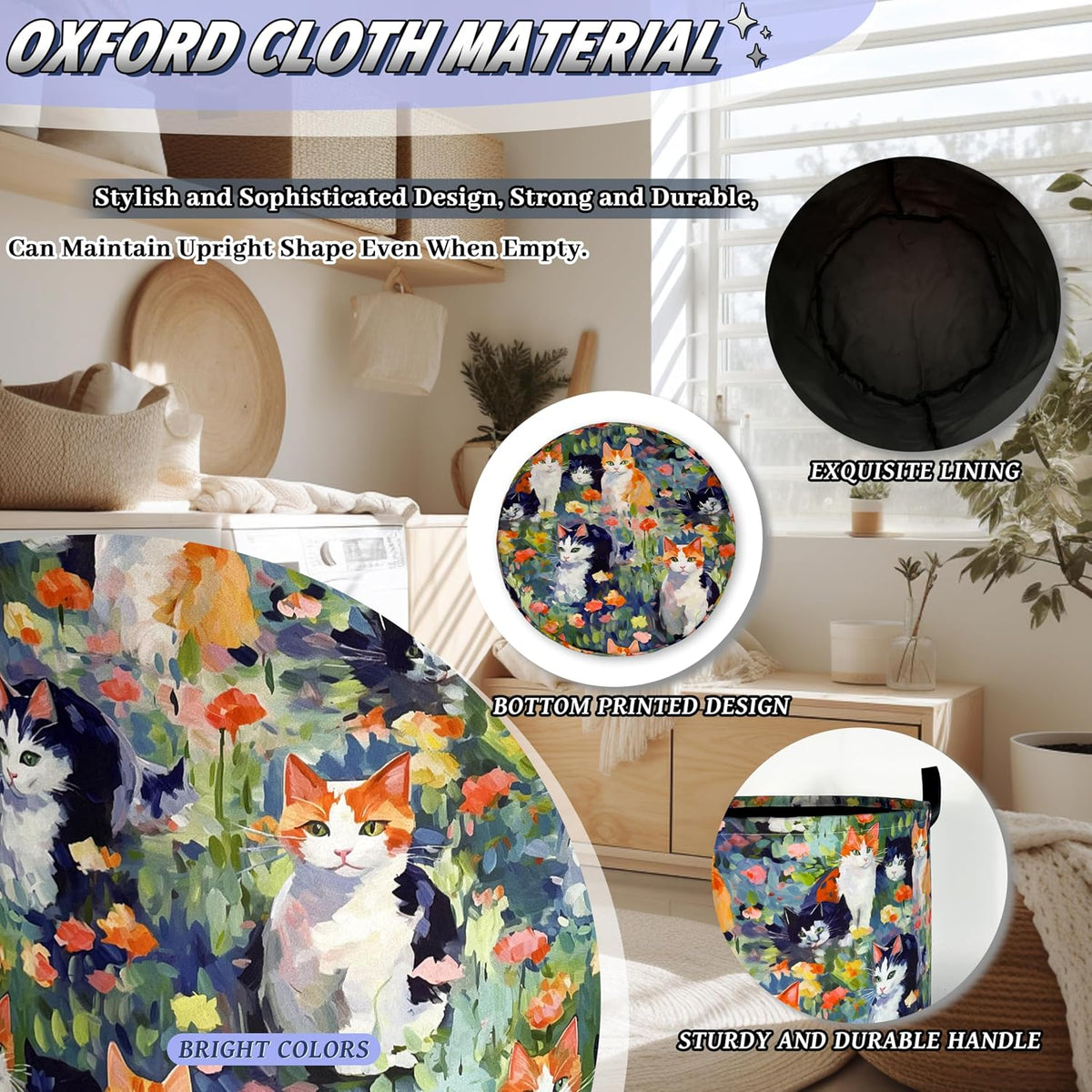 Watercolor Cats Laundry Hamper Oxford Cloth Basket 18.9"x16.5"